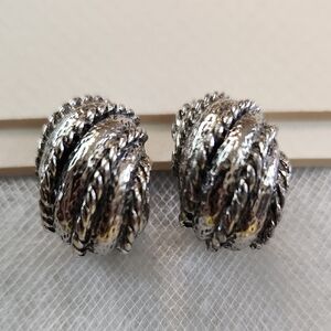 Vintage Silver Tone Twisted Rope Dome Clip-On Earrings Made in USA